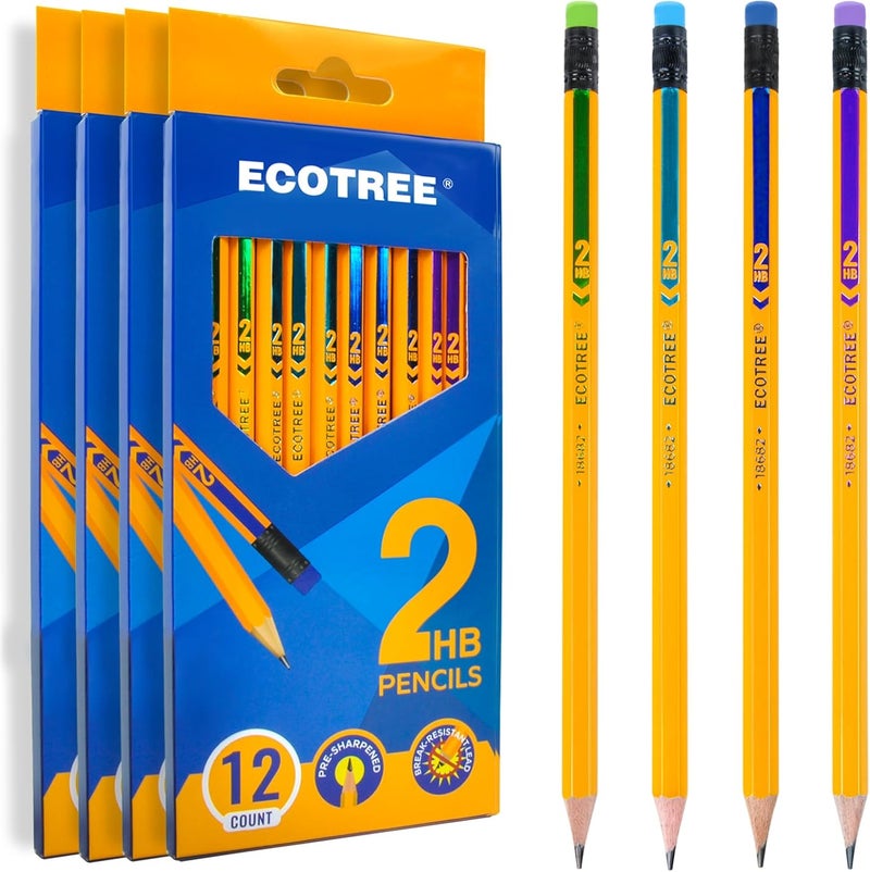 ECOTREE Pre-Sharpened Pencils #2 Wood-Cased Number 2 Pencils with Erasers Yellow Pencil Bulk for School, Writing, 48 Count - Image 1